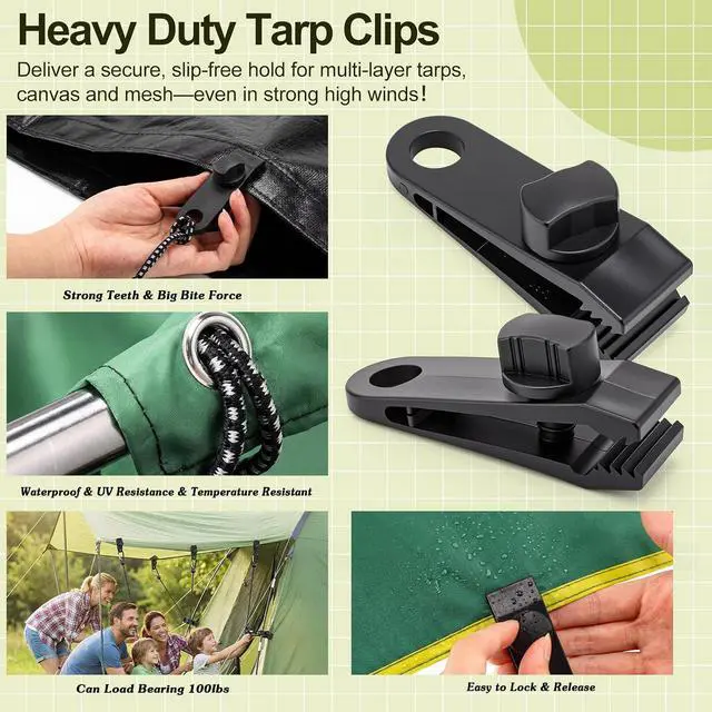 Alt view image 6 of 7 - 150 Pcs Heavy Duty Tarp Clips Kit with Lock Fasteners Grip and Bungee Cords 3 in 1 Tarp Clips Fasteners and Bungee Cords Fit for Camping Tents Swimming Covers Caravans Canopies