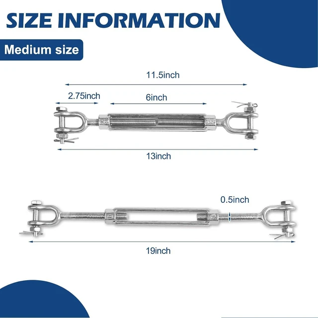 Alt view image 3 of 7 - 2Pack Heavy Duty Turnbuckle 1/2*6 Inch,2200 lbs Working Load Limit, Weather Resistant,Hot Dipped Galvanized Steel Jaw and Jaw Turnbuckle for Tractor, Wire Rope Tension, Sun Shade Tent, Treehouse, Deck