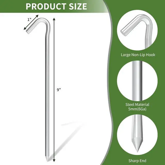 Alt view image 2 of 7 - Metal Tent Stakes Heavy Duty 9 Inch, 100 Pcs Anti-Rust Tarp Stakes | J Hook Galvanized Steel Camping Stakes Ground Pegs Canopy Spikes for Lawn, Outdoor Inflatables, Yard Decorations