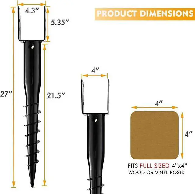 Alt view image 2 of 5 - Premium No Dig Ground Anchor Black U-Model Screw in Post Stakes | Heavy Duty 27" Long Metal Fence Anchor Fits Full Sized 4"x4" Posts, Great for Mailbox or Fence Posts and Sign Posts, 4-Pack.