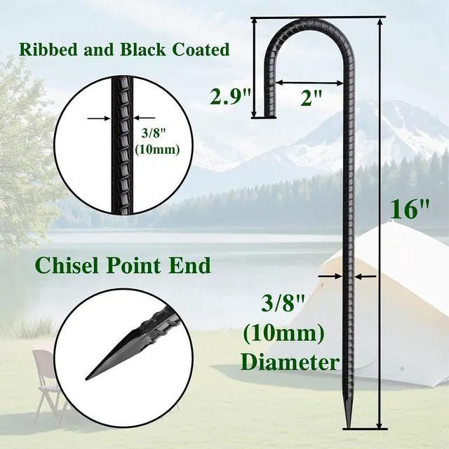 Alt view image 2 of 7 - 16 Inch Rebar Stakes J Hook 26 Pack Ground Stakes Heavy Duty Tent Stakes with Chisel Point End Chain Link Fence Stakes Galvanized Steel Ground Anchors Metal Spikes Black Coated