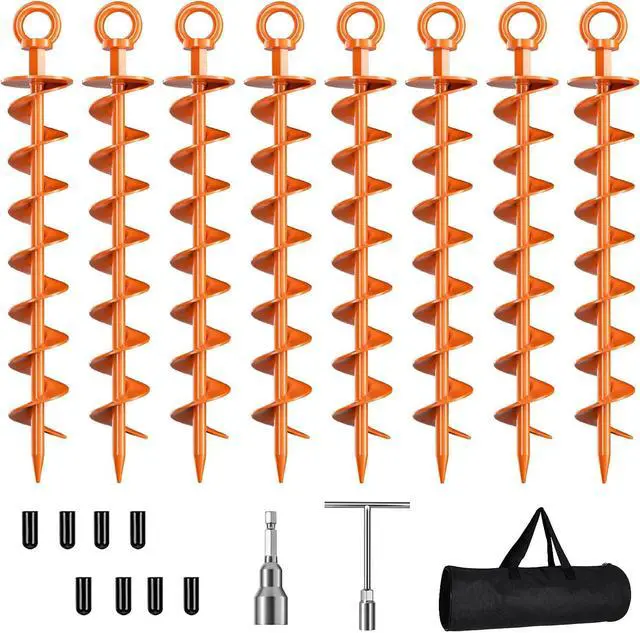 Main image of Ground Anchor Screw in, 8 Pack Spiral Trampoline Anchors with Nut and Tool Swing Set Anchors Tent Stakes High Wind Heavy Duty for Sheds, Carports, Mobile Home Orange