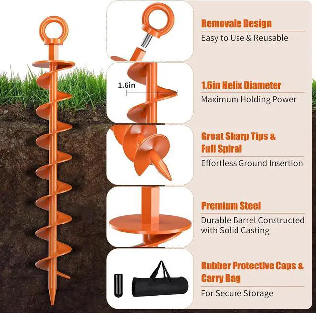 Alt view image 3 of 7 - Ground Anchor Screw in, 8 Pack Spiral Trampoline Anchors with Nut and Tool Swing Set Anchors Tent Stakes High Wind Heavy Duty for Sheds, Carports, Mobile Home Orange