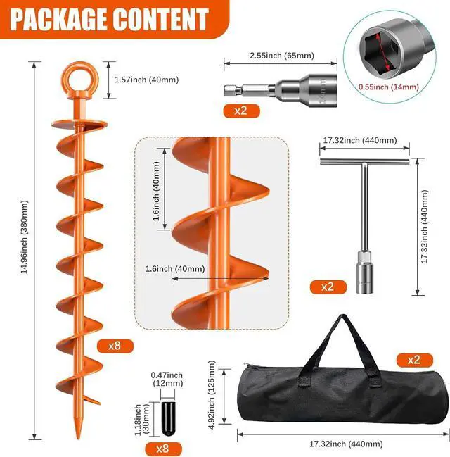 Alt view image 6 of 7 - Ground Anchor Screw in, 8 Pack Spiral Trampoline Anchors with Nut and Tool Swing Set Anchors Tent Stakes High Wind Heavy Duty for Sheds, Carports, Mobile Home Orange