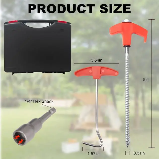 Alt view image 6 of 7 - 20 Pcs Tent Stakes Heavy Duty, 8 in Ground Anchors Screw in, Grow in the Dark Screw in Tent Stakes, Camping Stakes with Storage Box, Threaded Tent Spikes with Hex Head Driver and Stake Puller