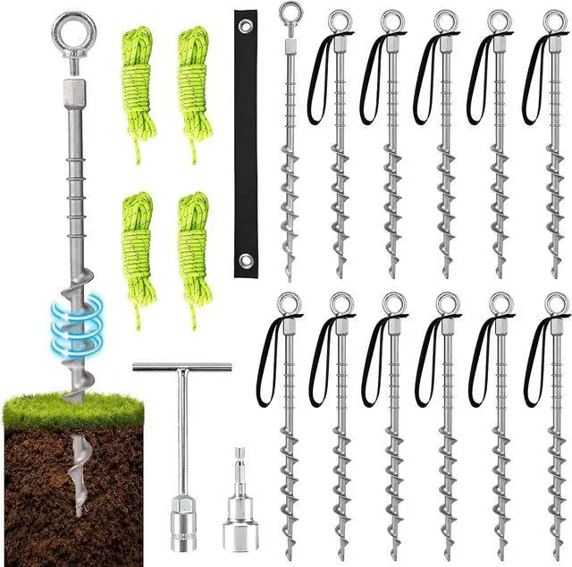 Main image of Ground Anchors 14" Screw in Tent Stakes for Camping Tents 12 Pcs | Non-Rust Cast Aluminum Heavy Duty Tent Stakes with Strings for Sand, Trampoline, Swing Sets and Sheds