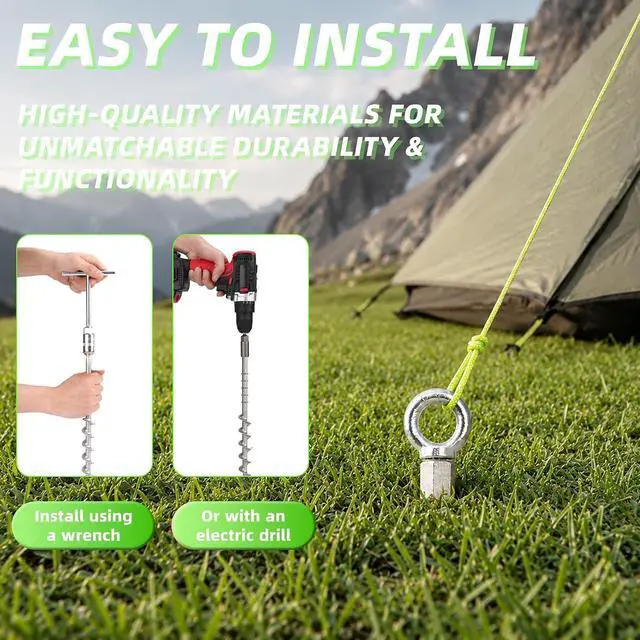Alt view image 5 of 7 - Ground Anchors 14" Screw in Tent Stakes for Camping Tents 12 Pcs | Non-Rust Cast Aluminum Heavy Duty Tent Stakes with Strings for Sand, Trampoline, Swing Sets and Sheds