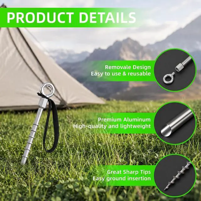 Alt view image 6 of 7 - Ground Anchors 14" Screw in Tent Stakes for Camping Tents 12 Pcs | Non-Rust Cast Aluminum Heavy Duty Tent Stakes with Strings for Sand, Trampoline, Swing Sets and Sheds