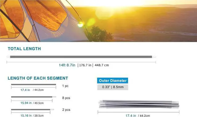 Alt view image 3 of 7 - Preassembled Tent Poles, Gray Tent Poles Replacement, 7001 T6 Heated Aluminum Tent Poles, 2 Poles Pack