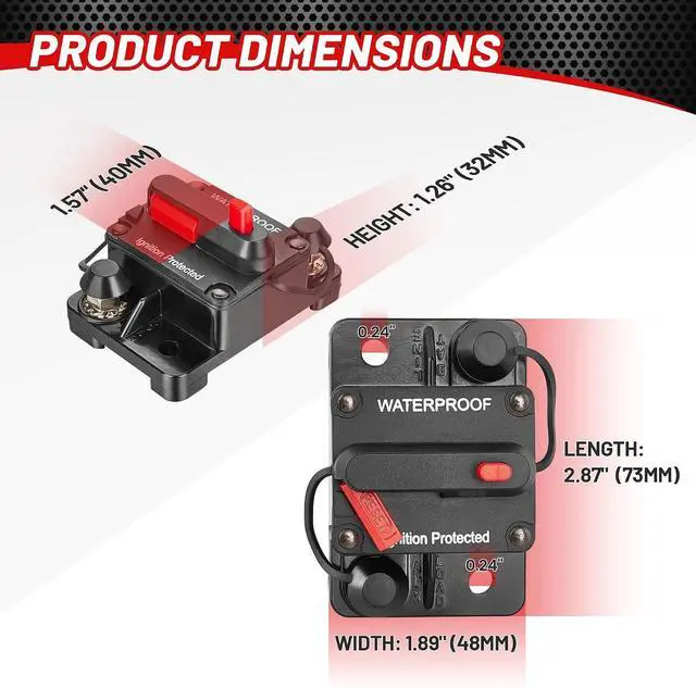 Alt view image 3 of 7 - 4 Pack 100Amp Circuit Breaker Manual Reset Switch w/6 AWG 1/4 Battery Wire Lug Ring Terminal for Car Stereo Solar Power Systems Automotive ATV Marine Boat Trolling Motor Waterproof 12-48V DC