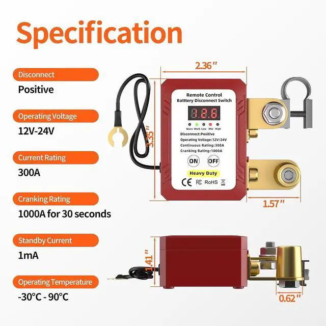 Alt view image 2 of 6 - Remote Battery Disconnect Switch 300A 12V-24V Positive Side Kill Switch for Car with Led Voltage Display Anti-Theft Automatic Shut Off Switch for Auto Truck Boat