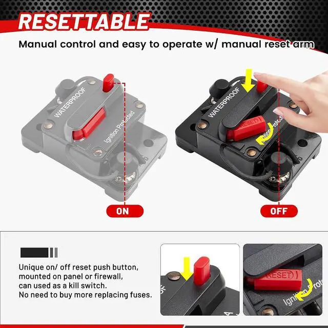 Alt view image 4 of 7 - 4 Pack 100Amp Circuit Breaker Manual Reset Switch w/6 AWG 1/4 Battery Wire Lug Ring Terminal for Car Stereo Solar Power Systems Automotive ATV Marine Boat Trolling Motor Waterproof 12-48V DC