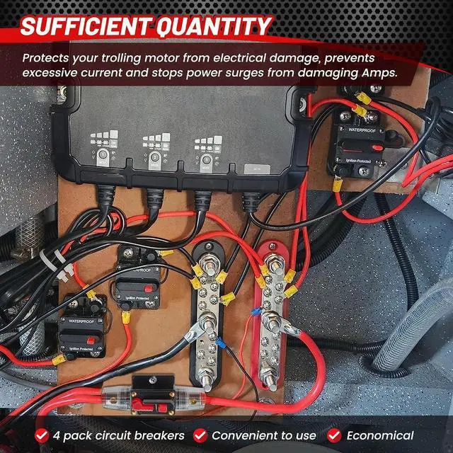 Alt view image 2 of 7 - 4 Pack 100Amp Circuit Breaker Manual Reset Switch w/6 AWG 1/4 Battery Wire Lug Ring Terminal for Car Stereo Solar Power Systems Automotive ATV Marine Boat Trolling Motor Waterproof 12-48V DC