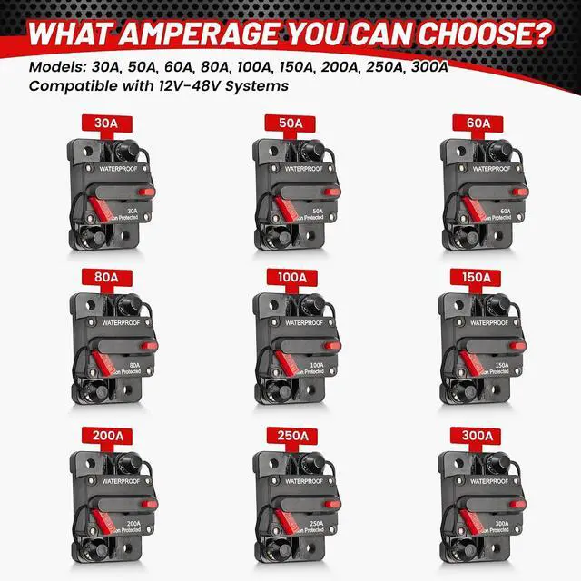 Alt view image 7 of 7 - 4 Pack 100Amp Circuit Breaker Manual Reset Switch w/6 AWG 1/4 Battery Wire Lug Ring Terminal for Car Stereo Solar Power Systems Automotive ATV Marine Boat Trolling Motor Waterproof 12-48V DC