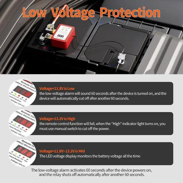 Alt view image 5 of 6 - Remote Battery Disconnect Switch 300A 12V-24V Positive Side Kill Switch for Car with Led Voltage Display Anti-Theft Automatic Shut Off Switch for Auto Truck Boat