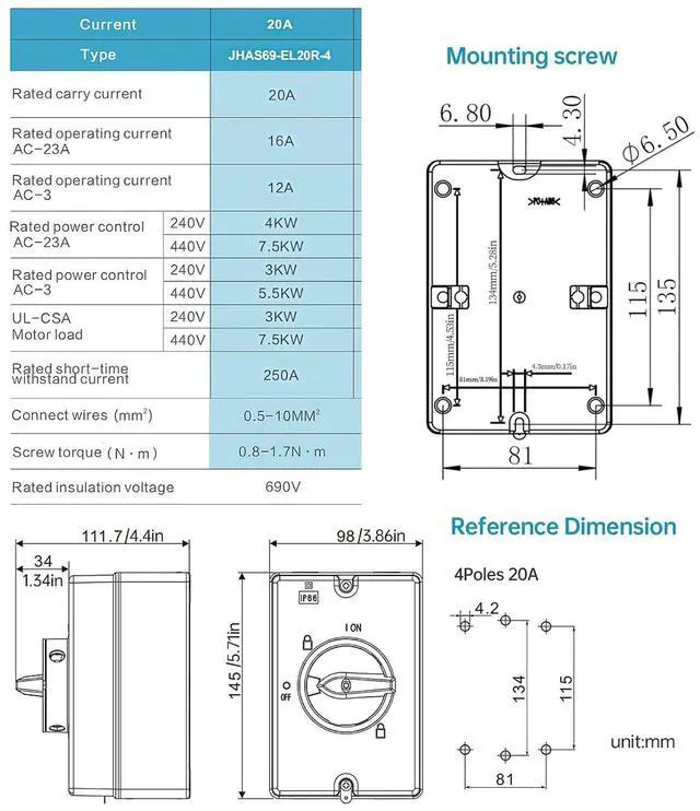 Alt view image 2 of 7 - 20Amp Disconnect Switch Box Outdoor, AC 690V Isolator Switch, 4 Pole, IP66 Waterproof Isolation PV 3 Phase Disconnect Switch On Off 2 Position No Pipe
