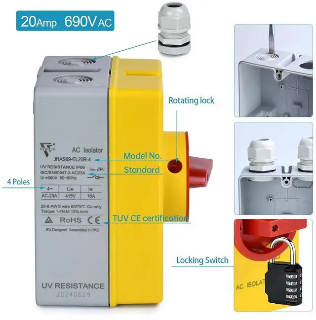 Alt view image 3 of 7 - 20Amp Disconnect Switch Box Outdoor, AC 690V Isolator Switch, 4 Pole, IP66 Waterproof Isolation PV 3 Phase Disconnect Switch On Off 2 Position No Pipe
