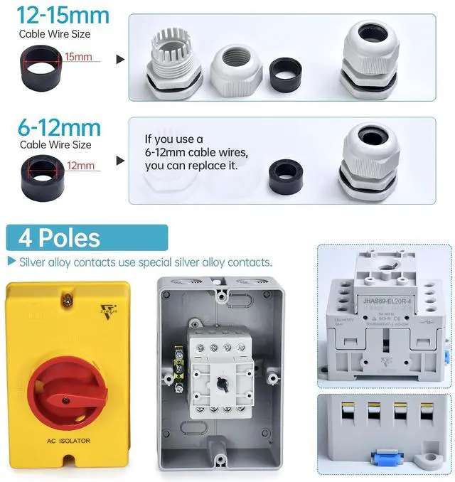 Alt view image 4 of 7 - 20Amp Disconnect Switch Box Outdoor, AC 690V Isolator Switch, 4 Pole, IP66 Waterproof Isolation PV 3 Phase Disconnect Switch On Off 2 Position No Pipe