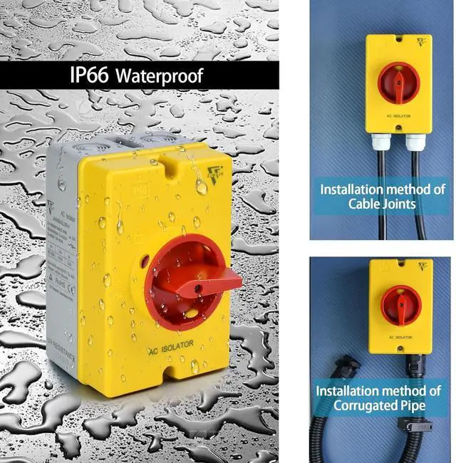 Alt view image 5 of 7 - 20Amp Disconnect Switch Box Outdoor, AC 690V Isolator Switch, 4 Pole, IP66 Waterproof Isolation PV 3 Phase Disconnect Switch On Off 2 Position No Pipe
