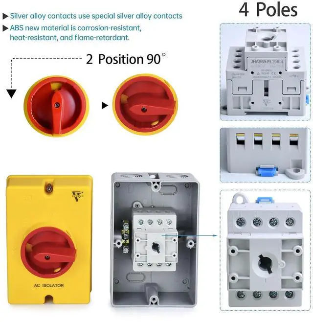 Alt view image 7 of 7 - 20Amp Disconnect Switch Box Outdoor, AC 690V Isolator Switch, 4 Pole, IP66 Waterproof Isolation PV 3 Phase Disconnect Switch On Off 2 Position No Pipe