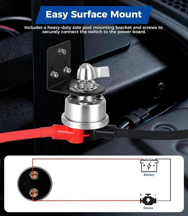 Alt view image 2 of 7 - 300A 12V 48V Battery Disconnect Switch with 2GA Cable Side Post Mounting Bracket High Current Battery Cut Off Heavy Duty Master Switch for Car Boat RV ATV UTV Vehicles