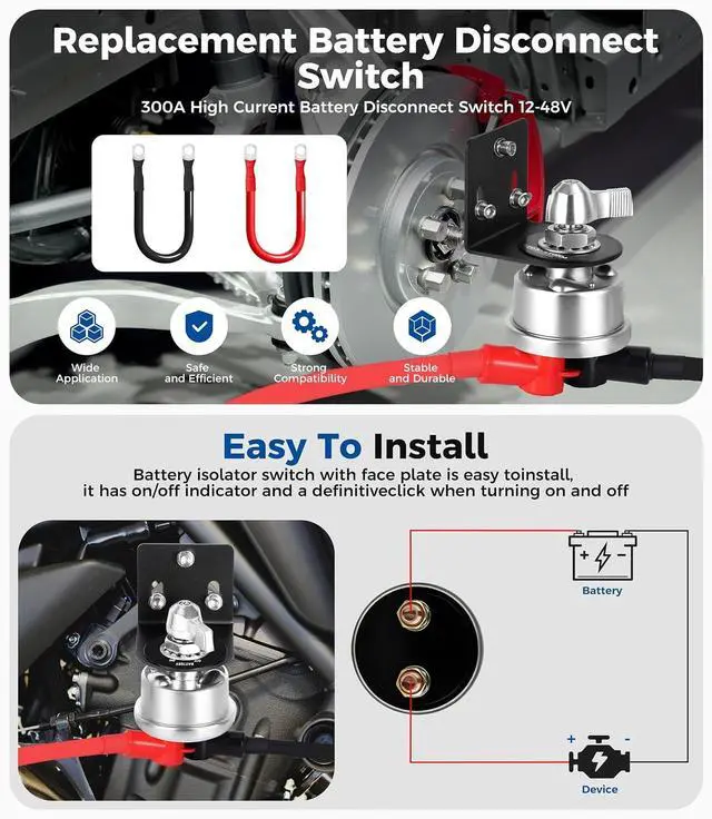 Alt view image 3 of 7 - 300A 12V 48V Battery Disconnect Switch with 2GA Cable Side Post Mounting Bracket High Current Battery Cut Off Heavy Duty Master Switch for Car Boat RV ATV UTV Vehicles