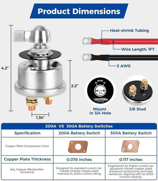 Alt view image 6 of 7 - 300A 12V 48V Battery Disconnect Switch with 2GA Cable Side Post Mounting Bracket High Current Battery Cut Off Heavy Duty Master Switch for Car Boat RV ATV UTV Vehicles
