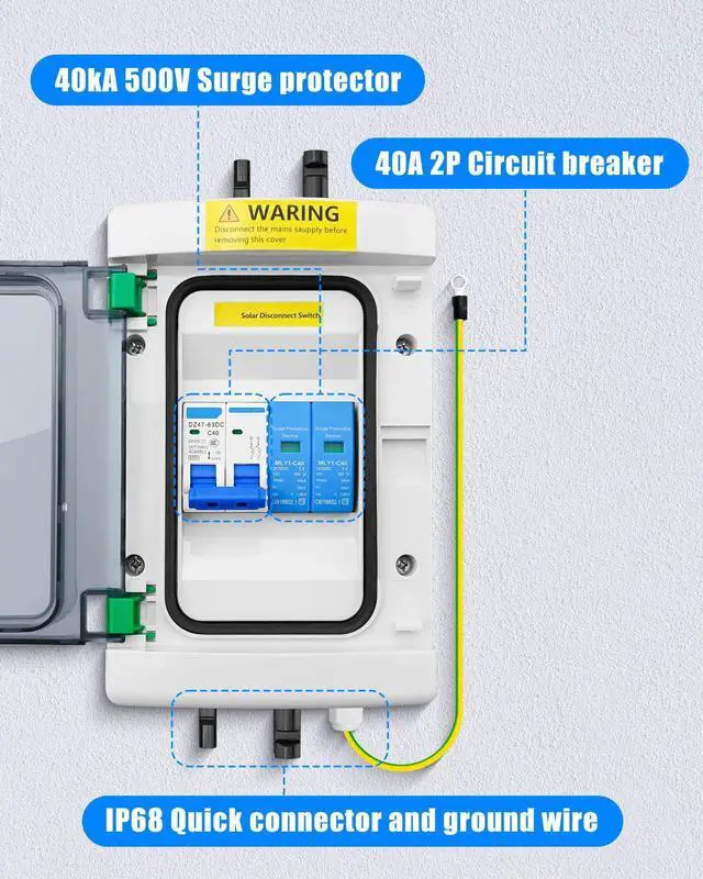 Alt view image 5 of 7 - 40A DC Solar Disconnect Switch IP65 500V PV Breaker Box with SPD | Flame Retardant Housing, Built-in SPD, Overload Protection, IP65 Waterproof, Plug and Play, Clear Monitor Window