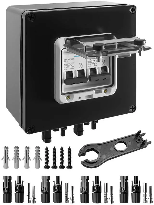 Main image of 32A Solar Panel Disconnect Switch, 2 String PV DC Circuit Breaker Box | MC4 Plug Connectors, IP67 Waterproof Enclosure, Polarity-Free Design, Clear Inspection Cover, Overload Protection