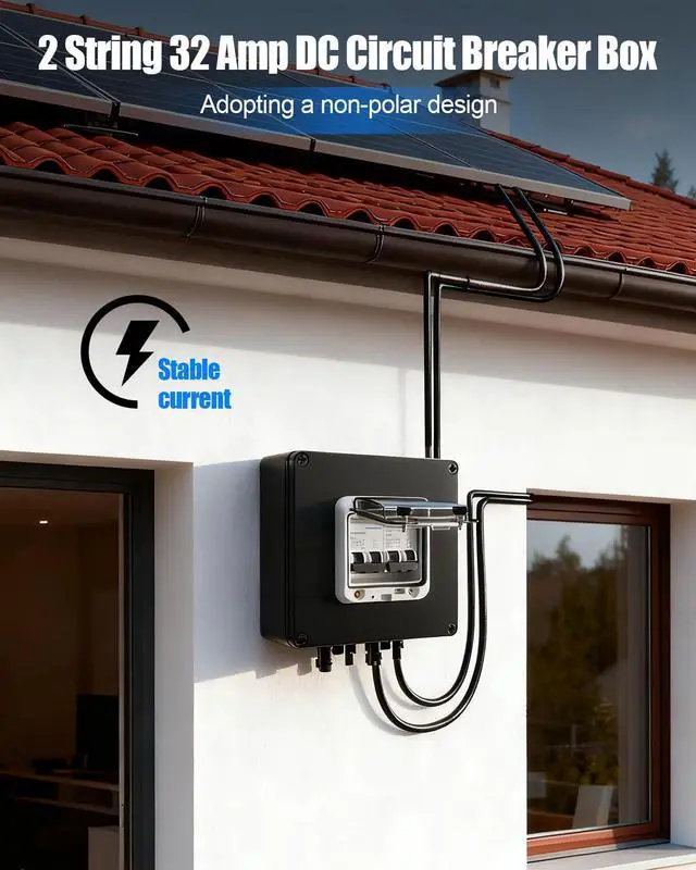 Alt view image 2 of 7 - 32A Solar Panel Disconnect Switch, 2 String PV DC Circuit Breaker Box | MC4 Plug Connectors, IP67 Waterproof Enclosure, Polarity-Free Design, Clear Inspection Cover, Overload Protection