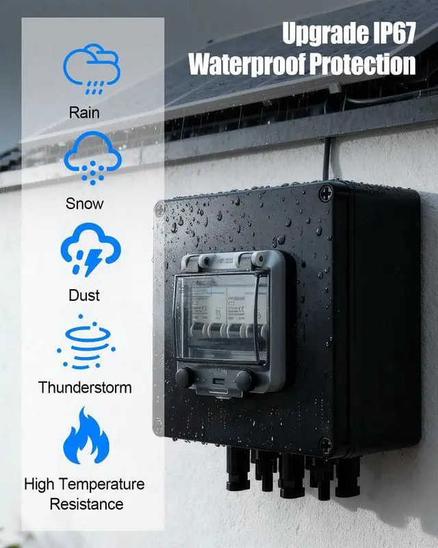 Alt view image 3 of 7 - 32A Solar Panel Disconnect Switch, 2 String PV DC Circuit Breaker Box | MC4 Plug Connectors, IP67 Waterproof Enclosure, Polarity-Free Design, Clear Inspection Cover, Overload Protection