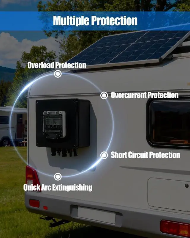 Alt view image 4 of 7 - 32A Solar Panel Disconnect Switch, 2 String PV DC Circuit Breaker Box | MC4 Plug Connectors, IP67 Waterproof Enclosure, Polarity-Free Design, Clear Inspection Cover, Overload Protection