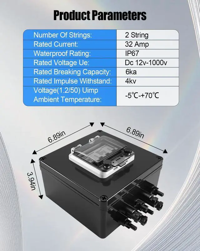Alt view image 5 of 7 - 32A Solar Panel Disconnect Switch, 2 String PV DC Circuit Breaker Box | MC4 Plug Connectors, IP67 Waterproof Enclosure, Polarity-Free Design, Clear Inspection Cover, Overload Protection