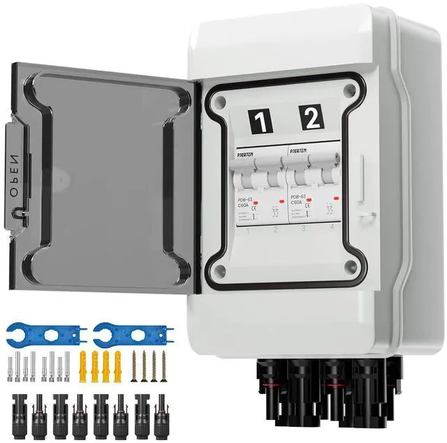 Main image of Solar Panel Disconnect Switch with 1000V DC 60Amp Circuit Breakers Solar Combiner Box, IP65 Waterproof PV Breaker Box Without SPD for PV Off-Grid System (60A 2String)