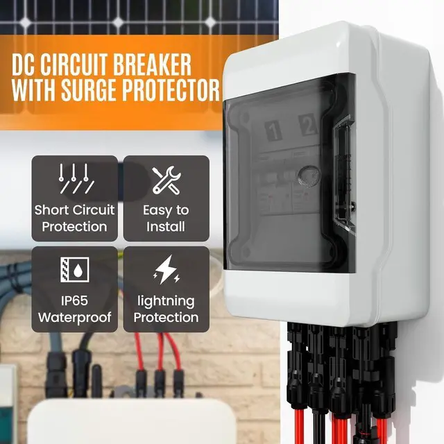 Alt view image 2 of 7 - Solar Panel Disconnect Switch with 1000V DC 60Amp Circuit Breakers Solar Combiner Box, IP65 Waterproof PV Breaker Box Without SPD for PV Off-Grid System (60A 2String)