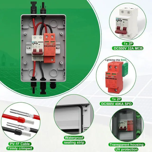 Alt view image 3 of 7 - Solar Disconnect Switch 32 Amp DC 500V Circuit Breaker with Lightning Surge Protector Arrester and IP65 Breaker Box Plug-and-Play for Outdoor Solar Panel System