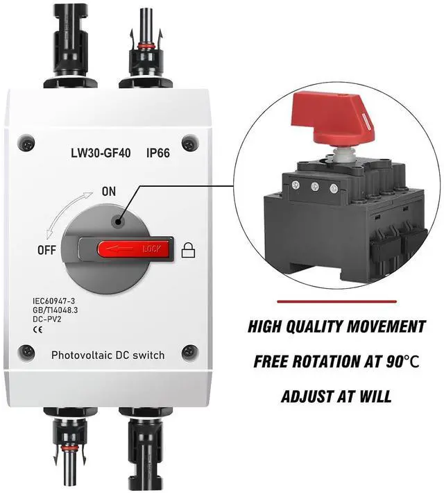 Alt view image 2 of 7 - 32A DC 1200V PV Solar Disconnect Switch, IP66 Waterproof & Lightning Protection & Anti-UV Solar Circuit Isolator Box for Solar Panels (International Standard: IEC60947-3)