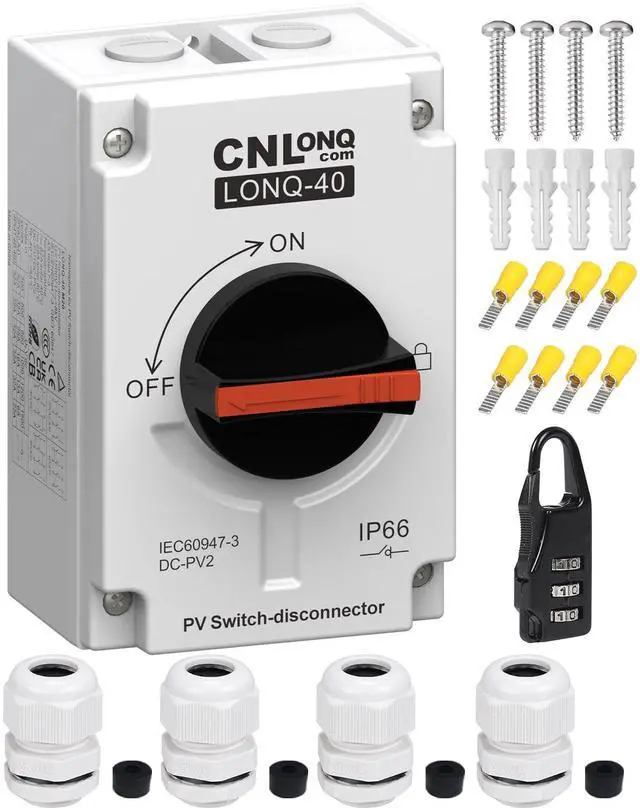 Main image of CNLONQ Solar PV Disconnect Switch 32A DC1500V Rapid Shutoff Isolator Switch 4P 1 or 2 Strings with IP66 Waterproof Enclosure for Rooftop Solar Systems, RVs and Boats