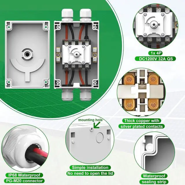 Alt view image 3 of 7 - CNLONQ Solar PV Disconnect Switch 32A DC1500V Rapid Shutoff Isolator Switch 4P 1 or 2 Strings with IP66 Waterproof Enclosure for Rooftop Solar Systems, RVs and Boats