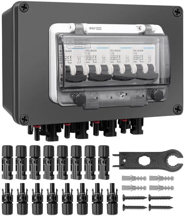 Main image of 4 String 32A DC Circuit Breaker Box, Solar Panel Disconnect Switch | MC4 Quick Connect Terminals, IP67 Weatherproof Housing, Clear Monitoring Cover, Polarity-Free Operation, PV Safety Protection