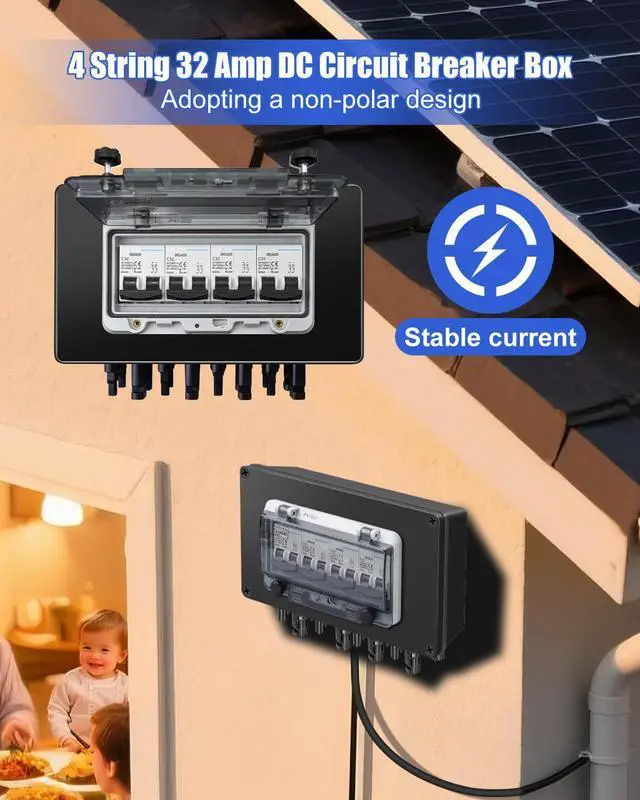 Alt view image 2 of 7 - 4 String 32A DC Circuit Breaker Box, Solar Panel Disconnect Switch | MC4 Quick Connect Terminals, IP67 Weatherproof Housing, Clear Monitoring Cover, Polarity-Free Operation, PV Safety Protection