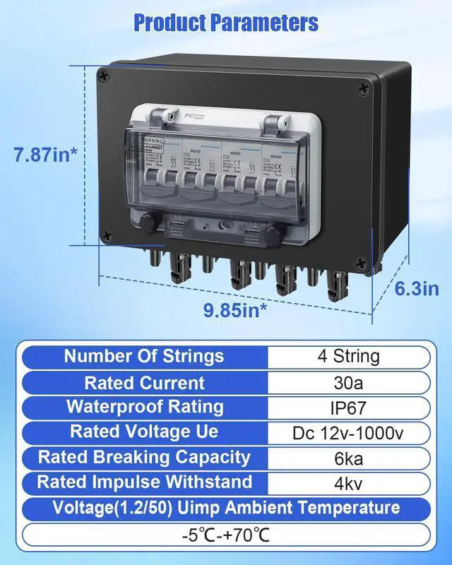 Alt view image 4 of 7 - 4 String 32A DC Circuit Breaker Box, Solar Panel Disconnect Switch | MC4 Quick Connect Terminals, IP67 Weatherproof Housing, Clear Monitoring Cover, Polarity-Free Operation, PV Safety Protection