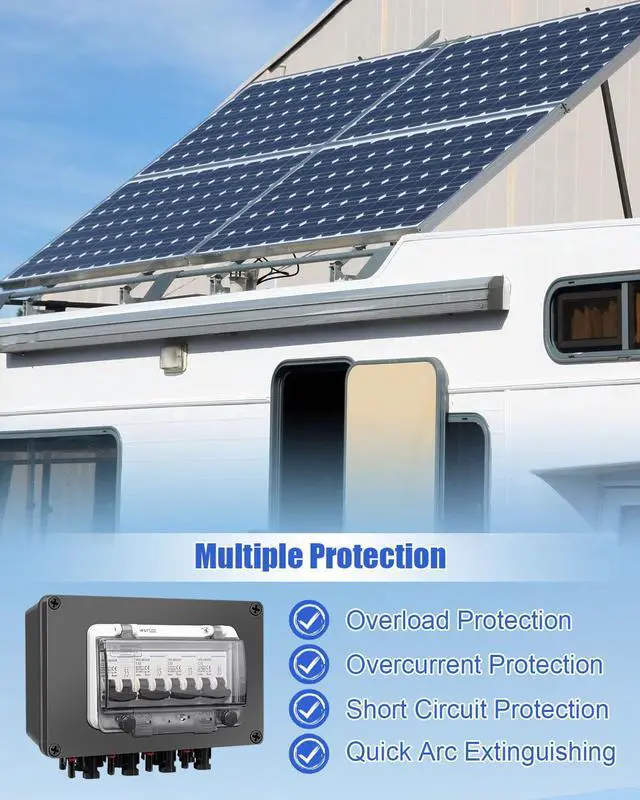 Alt view image 5 of 7 - 4 String 32A DC Circuit Breaker Box, Solar Panel Disconnect Switch | MC4 Quick Connect Terminals, IP67 Weatherproof Housing, Clear Monitoring Cover, Polarity-Free Operation, PV Safety Protection