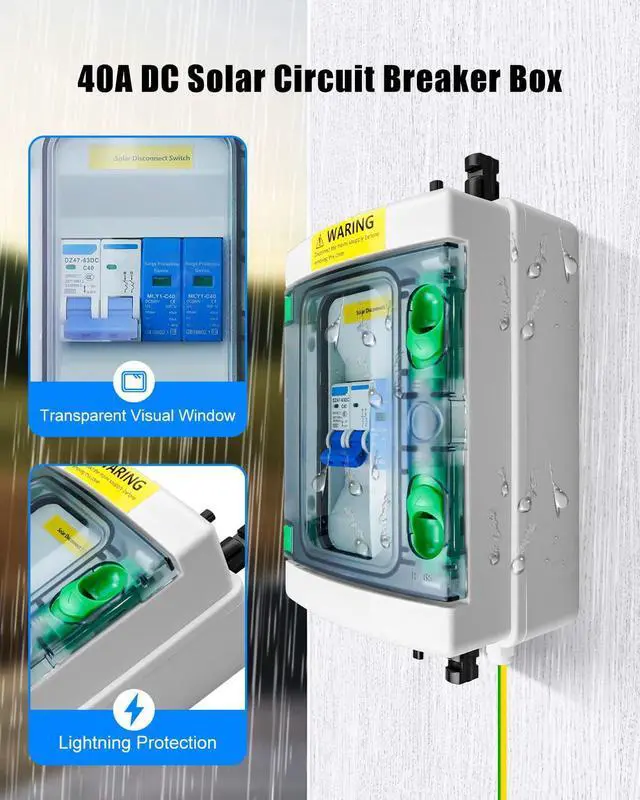 Alt view image 2 of 7 - 40A DC Solar Disconnect Switch IP65 500V PV Breaker Box with SPD | Flame Retardant Housing, Built-in SPD, Overload Protection, IP65 Waterproof, Plug and Play, Clear Monitor Window