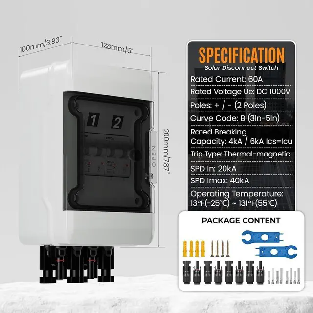 Alt view image 7 of 7 - Solar Panel Disconnect Switch with 1000V DC 60Amp Circuit Breakers Solar Combiner Box, IP65 Waterproof PV Breaker Box Without SPD for PV Off-Grid System (60A 2String)