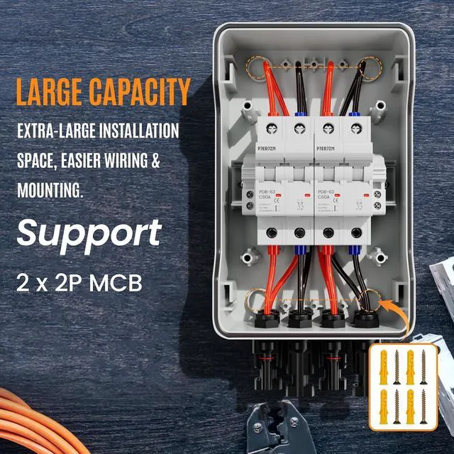 Alt view image 4 of 7 - Solar Panel Disconnect Switch with 1000V DC 60Amp Circuit Breakers Solar Combiner Box, IP65 Waterproof PV Breaker Box Without SPD for PV Off-Grid System (60A 2String)