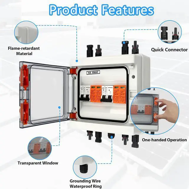Alt view image 5 of 7 - Solar Disconnect Switch, PV Combiner Box 2 String 1000V 40A Solar Surge Protector, IP65 Waterproof, Plug & Play Outdoor Solar Panel System