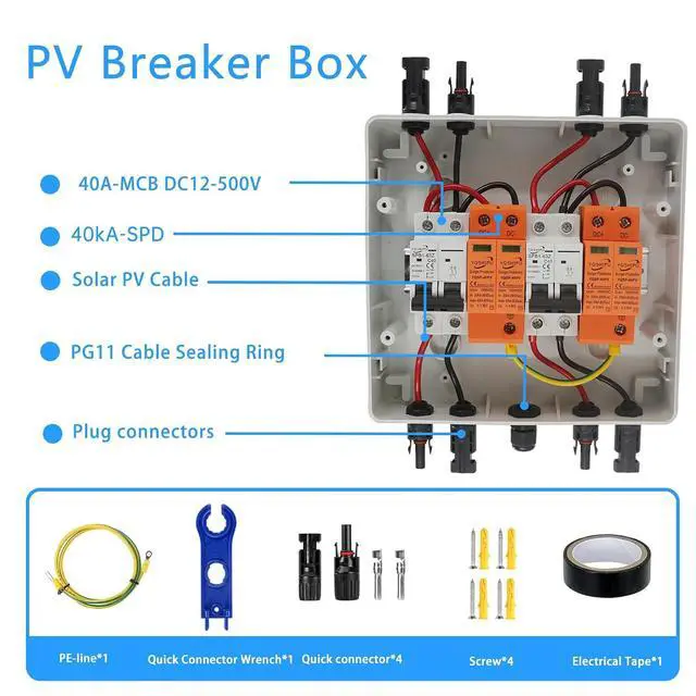 Alt view image 6 of 7 - Solar Disconnect Switch, PV Combiner Box 2 String 1000V 40A Solar Surge Protector, IP65 Waterproof, Plug & Play Outdoor Solar Panel System