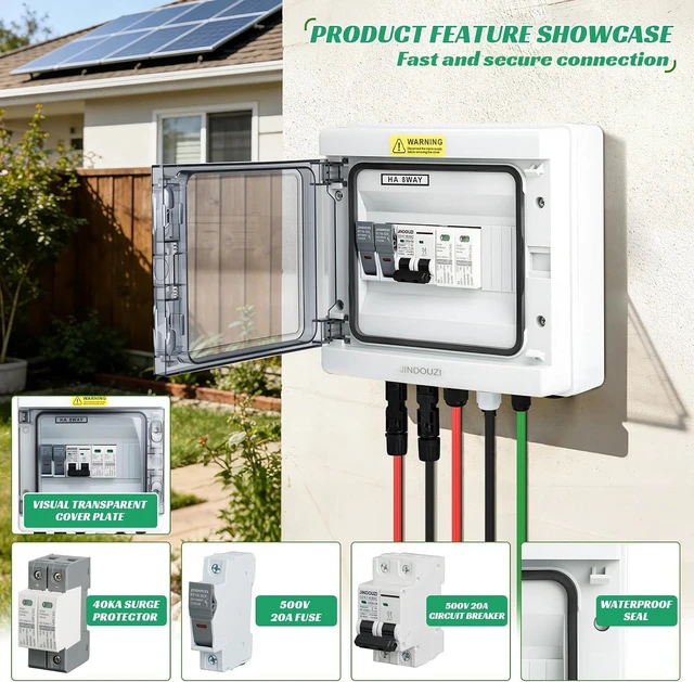 Alt view image 2 of 6 - 1 in 1 Out Solar Combiner Box,PV Combiner Box with 20A PV Fuse,DC 20A Circuit Breaker and Surge Protector,IP65 Solar Disconnect Switch Box for Indoor Outdoor Solar Panel System (1 in 1 Out 20A 500V)
