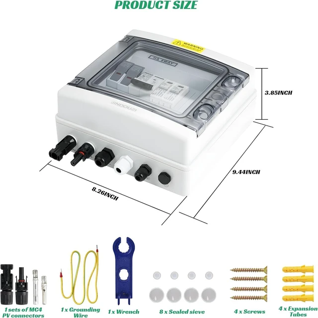 Alt view image 6 of 6 - 1 in 1 Out Solar Combiner Box,PV Combiner Box with 20A PV Fuse,DC 20A Circuit Breaker and Surge Protector,IP65 Solar Disconnect Switch Box for Indoor Outdoor Solar Panel System (1 in 1 Out 20A 500V)